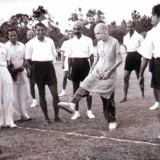 Nolini-Kanta-with-the-Mother-Tejendranath-Mukherjee-Pranab-Kumar-Bhattacharya-and-Udar-Pinto-in-the-Sports-Ground.-The-Mother-is-seen-here-starting-a-football-match-between-the-Adults-and-the-Youth.