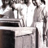 The-Mother-laying-the-foundation-stone-of-the-New-Horizon-Sugar-Mills-on-12-April-1959.-Nolini-Kanta-Gupta-and-Udar-Pinto-are-standing-on-her-right.